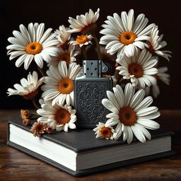 A realistic lighter with intricate details placed centrally on the book cover, surrounded by a flourishing arrangement of daisy flowers with twisted, veiny blooms