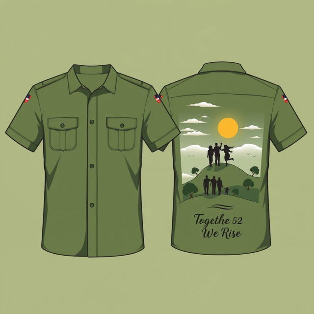 Elegant green army-style shirt design for a family gathering with the theme 'Boedoet 52 Azhem 1908'