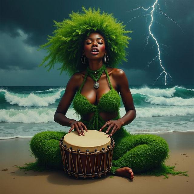 A polished oil-based painting capturing the intimate macro view of a beautiful black woman with a striking bright green moss afro