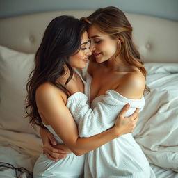 Two adult women in an intimate embrace, styled as a romantic and sensual scene