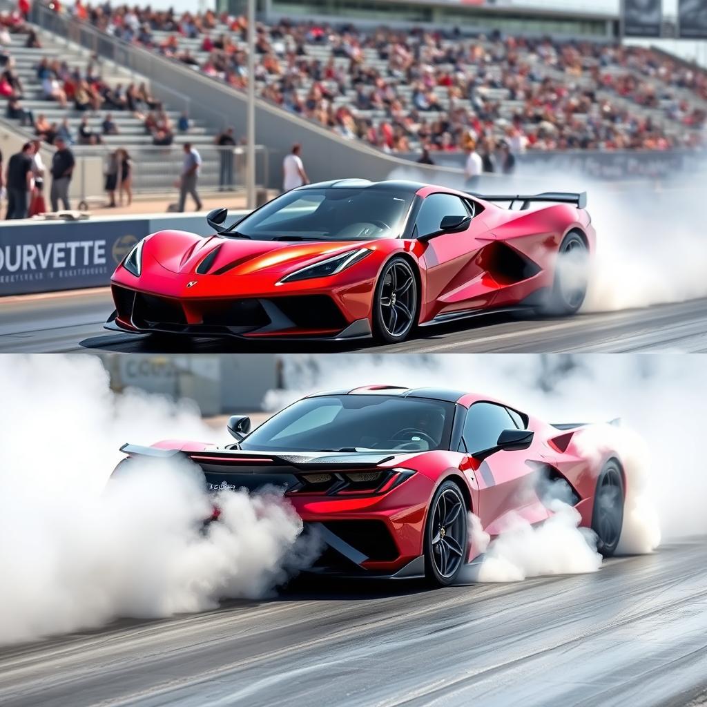 An innovative blend of a LaFerrari and Corvette C8 Z06 at a drag strip, captured doing a thrilling burnout