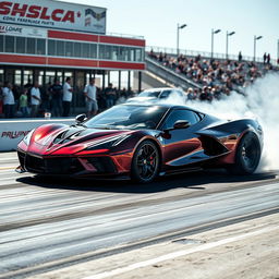 An innovative blend of a LaFerrari and Corvette C8 Z06 at a drag strip, captured doing a thrilling burnout