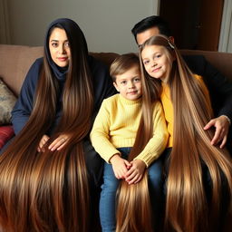 A family sitting together on the same sofa