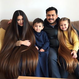 A family sitting together on the same sofa