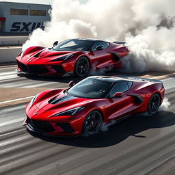 A cutting-edge blend of a LaFerrari and Corvette C8 Z06 at a drag strip, captured in the midst of an exhilarating burnout