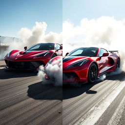 A cutting-edge blend of a LaFerrari and Corvette C8 Z06 at a drag strip, captured in the midst of an exhilarating burnout