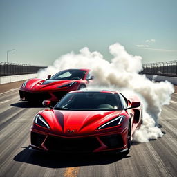 A cutting-edge blend of a LaFerrari and Corvette C8 Z06 at a drag strip, captured in the midst of an exhilarating burnout