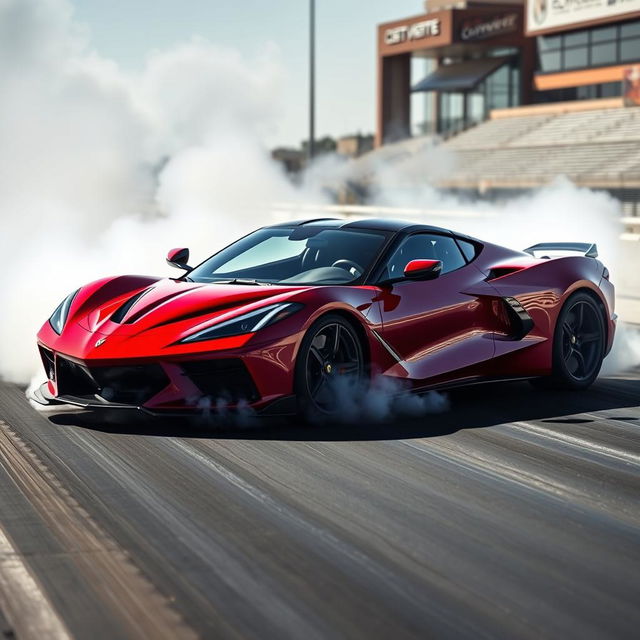 A cutting-edge blend of a LaFerrari and Corvette C8 Z06 at a drag strip, captured in the midst of an exhilarating burnout