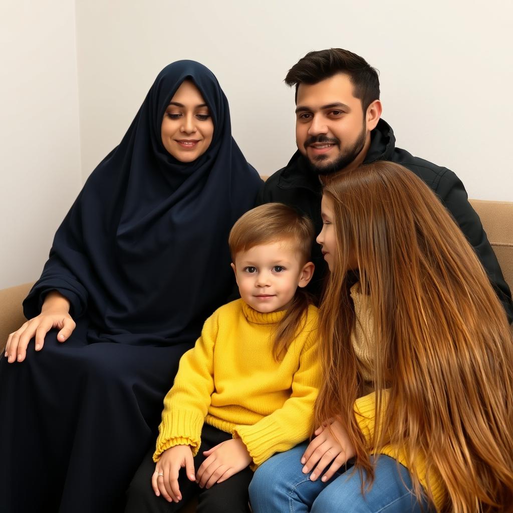 a family sitting on a couch together, the mother has extremely long and silky hair that is loose and flowing, she is wearing a dark blue winter abaya