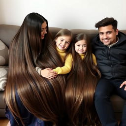 a family sitting on a couch together, the mother has extremely long and silky hair that is loose and flowing, she is wearing a dark blue winter abaya