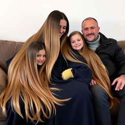 a family sitting on a couch together, the mother has extremely long and silky hair that is loose and flowing, she is wearing a dark blue winter abaya