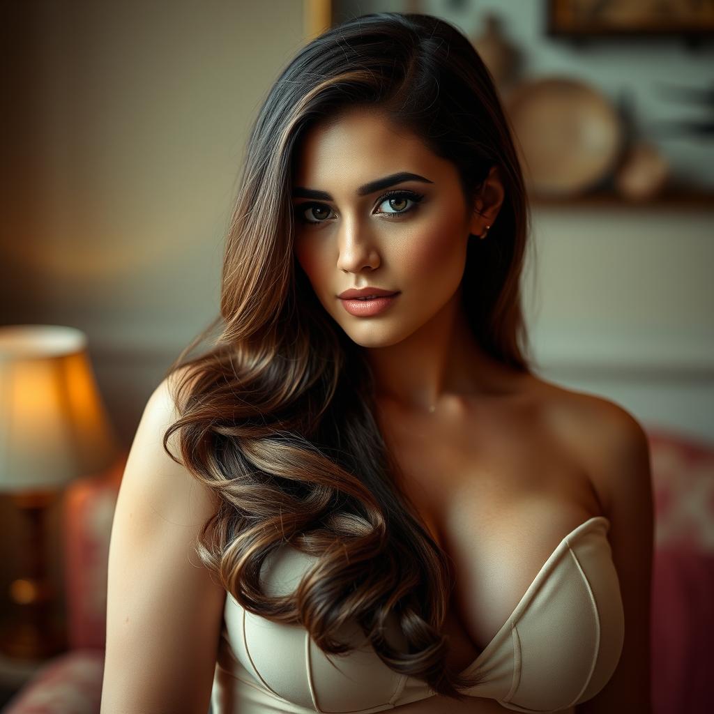 Voluptuous adult woman with long brown hair, depicted in a tasteful and elegant manner