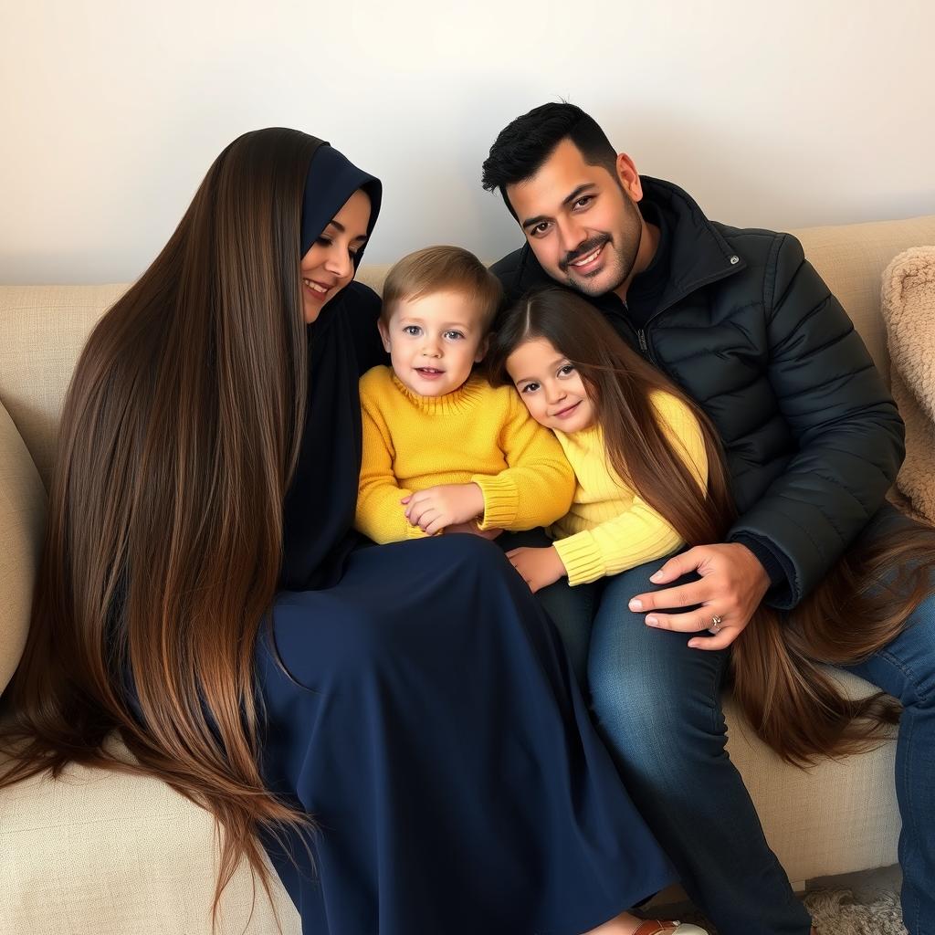 a family sitting on a couch together, the mother has extremely long and silky hair that is loose and flowing, she is wearing a dark blue winter abaya