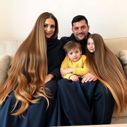 a family sitting on a couch together, the mother has extremely long and silky hair that is loose and flowing, she is wearing a dark blue winter abaya