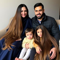 a family sitting on a couch together, the mother has extremely long and silky hair that is loose and flowing, she is wearing a dark blue winter abaya