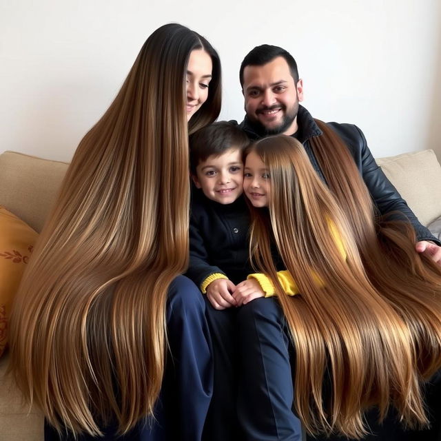 a family sitting on a couch together, the mother has extremely long and silky hair that is loose and flowing, she is wearing a dark blue winter abaya