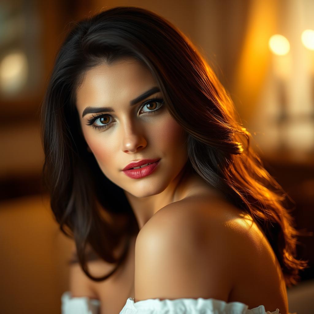 Create an elegant portrait of an adult brunette woman, highlighted by soft, ambient lighting