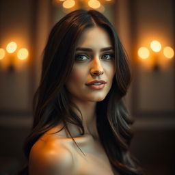 Create an elegant portrait of an adult brunette woman, highlighted by soft, ambient lighting