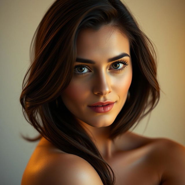 Create an elegant portrait of an adult brunette woman, highlighted by soft, ambient lighting