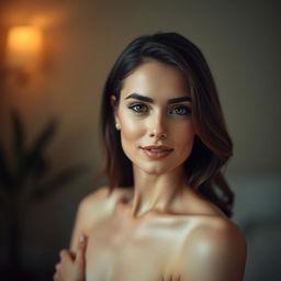 Create an elegant portrait of an adult brunette woman, highlighted by soft, ambient lighting
