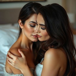 A pair of adult brunette women in an intimate setting, depicted with grace and elegance