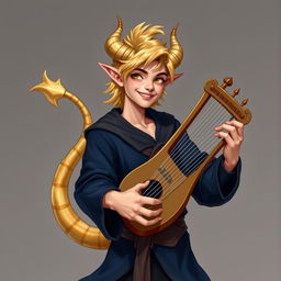 A handsome, cheerful teenage male tiefling bard with the body of a dancer, featuring rose beige skin