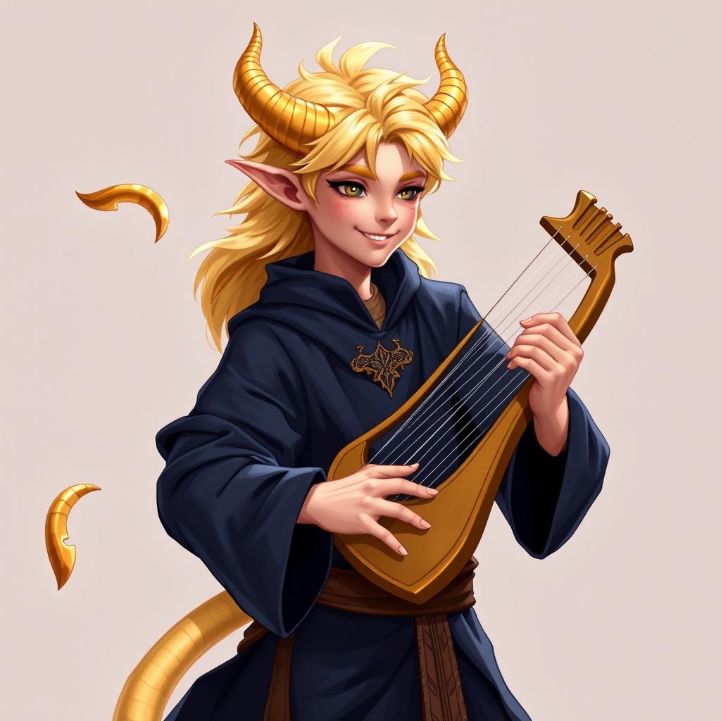 A handsome, cheerful teenage male tiefling bard with the body of a dancer, featuring rose beige skin