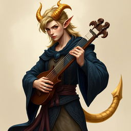 A handsome teenage male tiefling bard with the body of a dancer, featuring rose beige skin