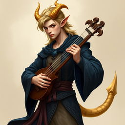 A handsome teenage male tiefling bard with the body of a dancer, featuring rose beige skin