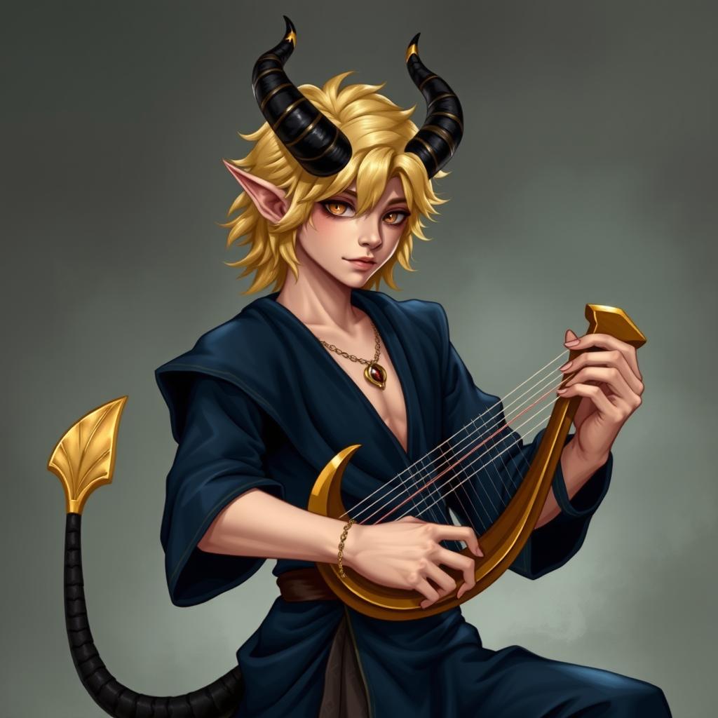 A handsome teenage male tiefling bard with the physique of a dancer, showcasing rose beige skin