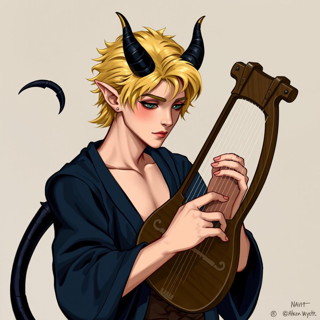 A handsome teenage male tiefling bard with the body of a dancer, characterized by rose beige skin