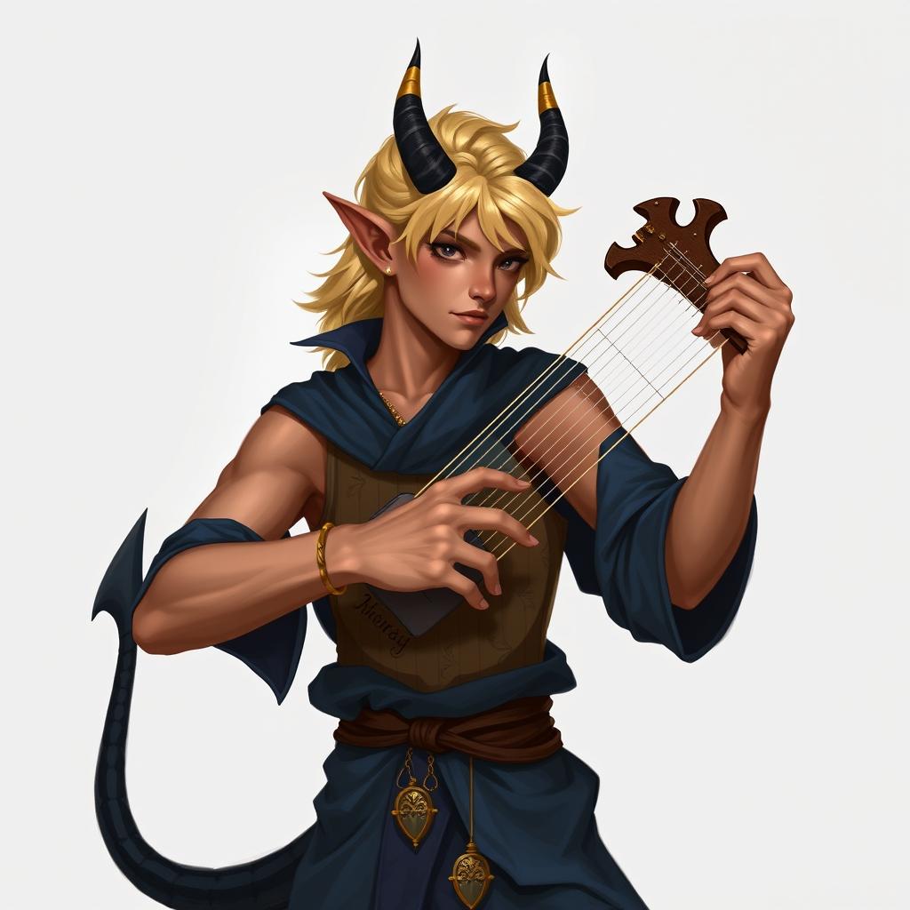 A handsome teenage male tiefling bard with a dancer's physique and tanned skin