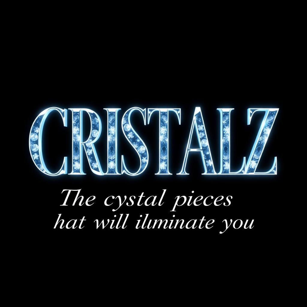 A logo design for a Kpop group featuring the large, bold writing "CRISTALZ" with elegant font, underneath in smaller cursive writing "The crystal pieces that will illuminate you"