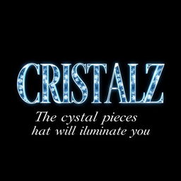 A logo design for a Kpop group featuring the large, bold writing "CRISTALZ" with elegant font, underneath in smaller cursive writing "The crystal pieces that will illuminate you"