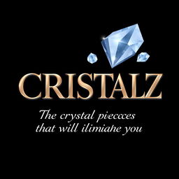 A logo design for a Kpop group featuring the large, bold writing "CRISTALZ" with elegant font, underneath in smaller cursive writing "The crystal pieces that will illuminate you"