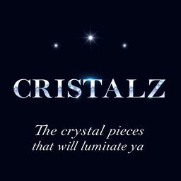 A logo design for a Kpop group featuring the large, bold writing "CRISTALZ" with elegant font, accompanied by the smaller, delicate script "The crystal pieces that will illuminate you" underneath