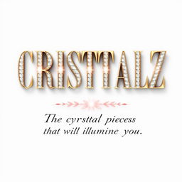 A logo design for a Kpop group featuring the large, bold writing "CRISTALZ" with elegant font, accompanied by the smaller, delicate script "The crystal pieces that will illuminate you" underneath