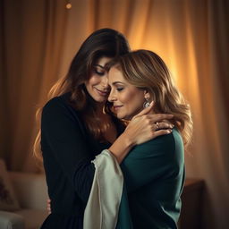 Two adult women in an intimate and artistic embrace, capturing a moment of connection and tenderness