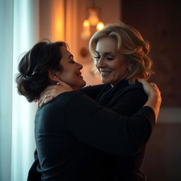 Two adult women in an intimate and artistic embrace, capturing a moment of connection and tenderness