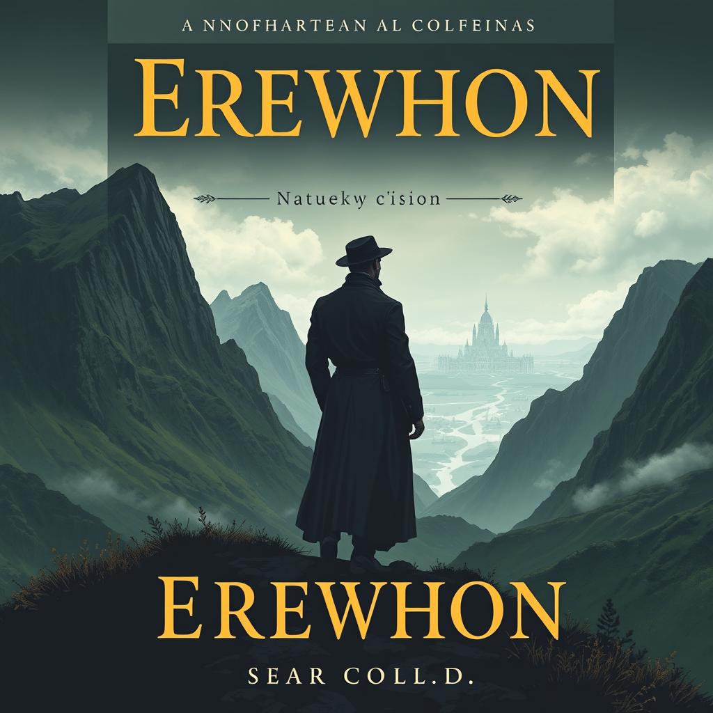 Design a book cover for the anti-Utopian novel "Erewhon" set in 1872 in the South Island of New Zealand