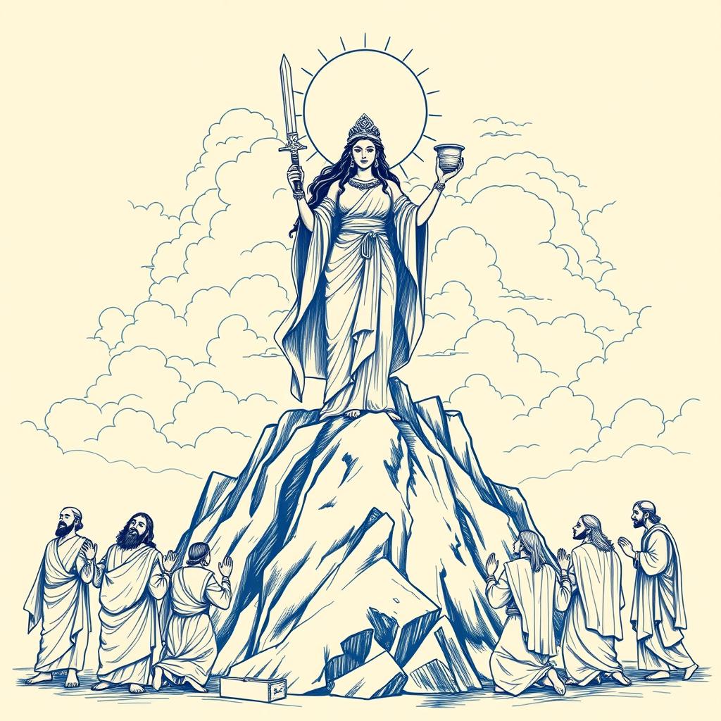 A female goddess in ancient clothing stands atop a large mountain