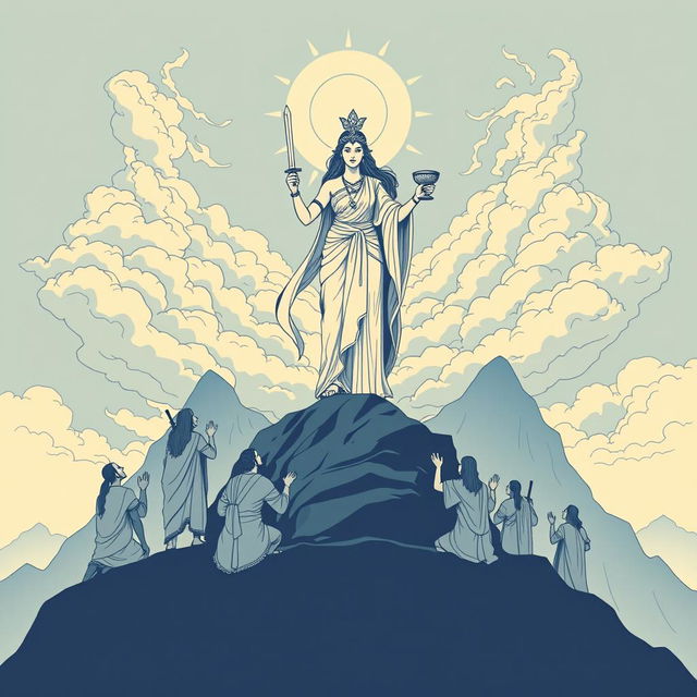 A female goddess in ancient clothing stands atop a large mountain