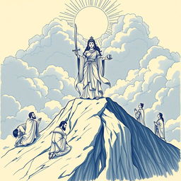 A female goddess in ancient clothing stands atop a large mountain