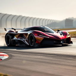 A sleek and futuristic hybrid of LaFerrari, Corvette C8 Z06, and Alpine Alpenglow, inspired by WEC Hypercar design, navigating an apex on a race track