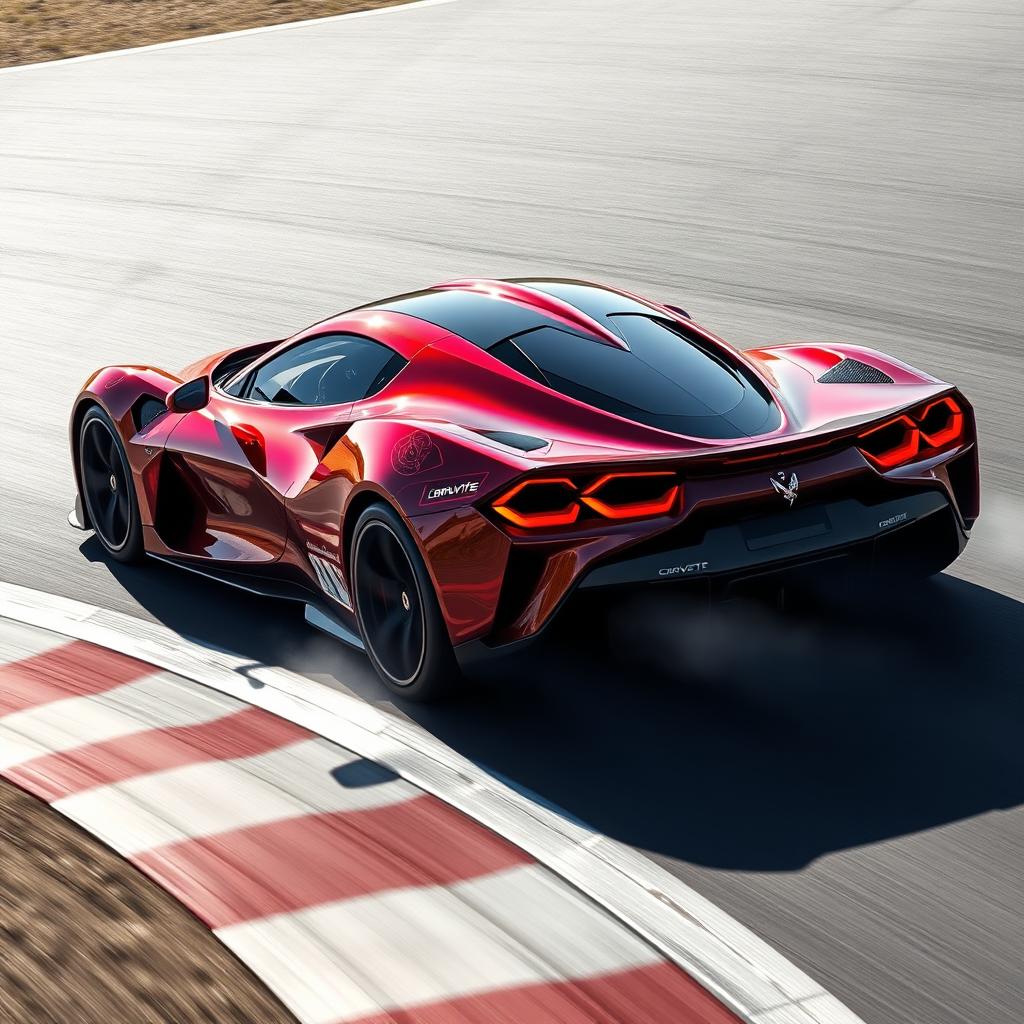 A sleek and futuristic hybrid of LaFerrari, Corvette C8 Z06, and Alpine Alpenglow, inspired by WEC Hypercar design, navigating an apex on a race track