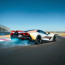 A sleek and futuristic hybrid of LaFerrari, Corvette C8 Z06, and Alpine Alpenglow, inspired by WEC Hypercar design, navigating an apex on a race track under a clear blue sky