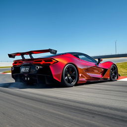 A sleek and futuristic hybrid of LaFerrari, Corvette C8 Z06, and Alpine Alpenglow, inspired by WEC Hypercar design, navigating an apex on a race track under a clear blue sky