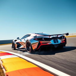 A sleek and futuristic hybrid of LaFerrari, Corvette C8 Z06, and Alpine Alpenglow, inspired by WEC Hypercar design, navigating an apex on a race track under a clear blue sky