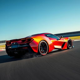 A sleek and futuristic hybrid of LaFerrari, Corvette C8 Z06, and Alpine Alpenglow, inspired by WEC Hypercar design, navigating an apex on a race track under a clear blue sky