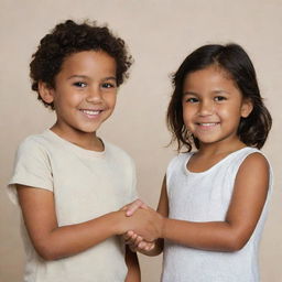 A young Caucasian girl holding hands with a young boy of brown complexion, showing their bond of friendship and unity. They have innocent smiles on their faces displayed prominently against a neutral background.